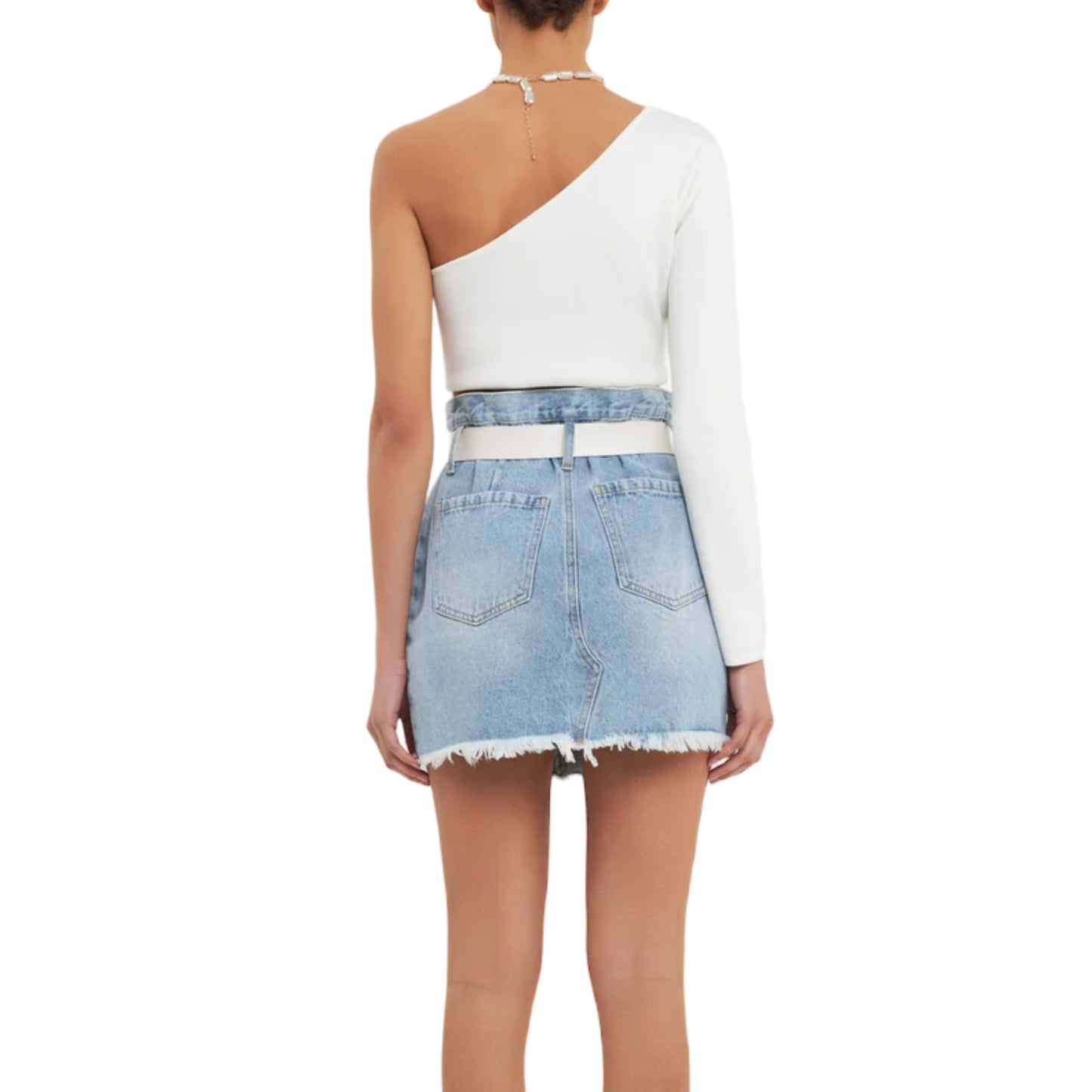 GREY LAB Women's High Rise Belted Frayed Hem Denim Mini Skirt