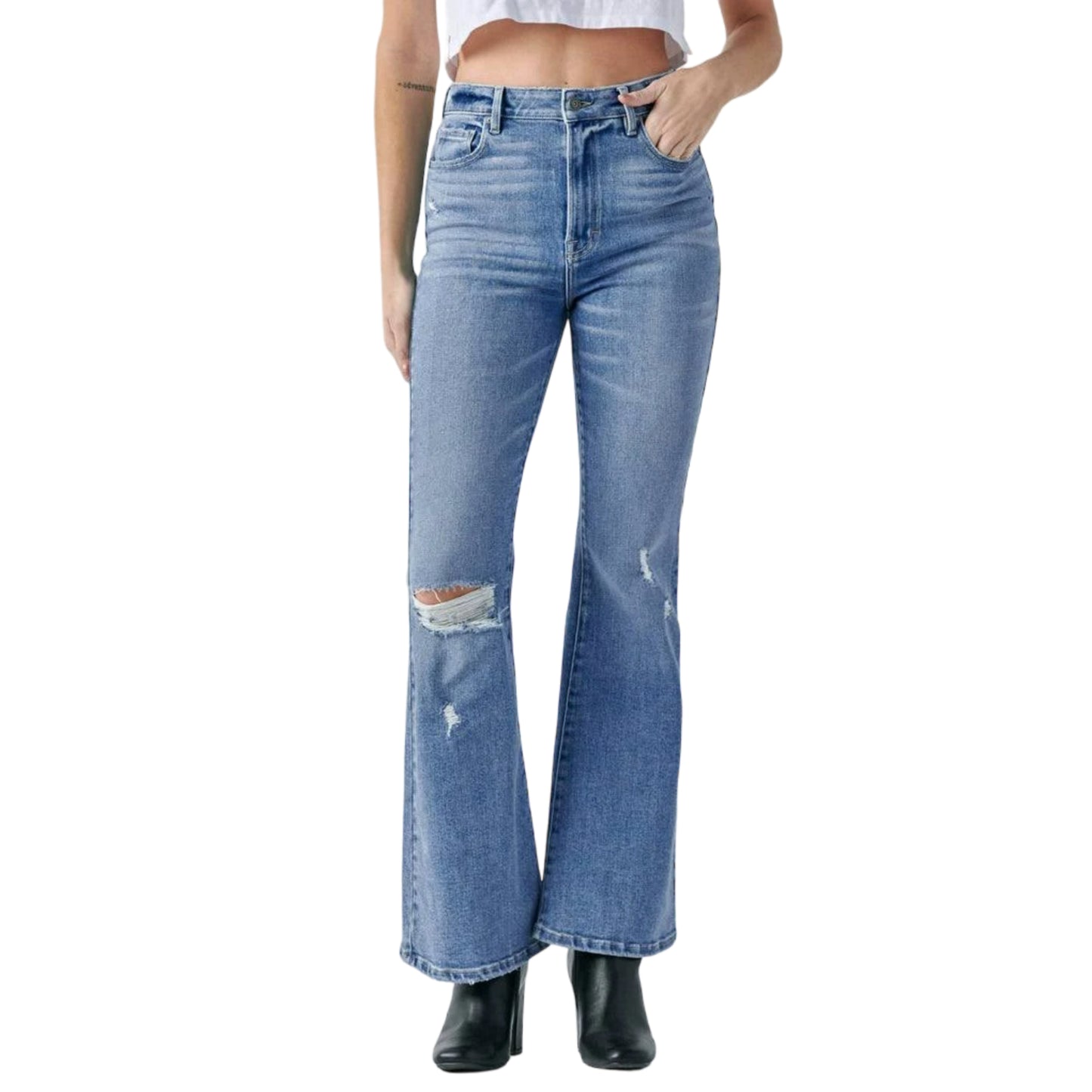 HIDDEN Women's Happi High Rise Distressed Light Wash Denim Flare Jeans