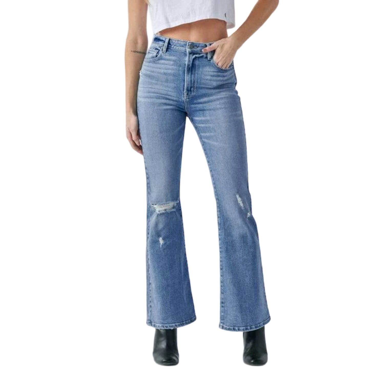 HIDDEN Women's Happi High Rise Distressed Light Wash Denim Flare Jeans
