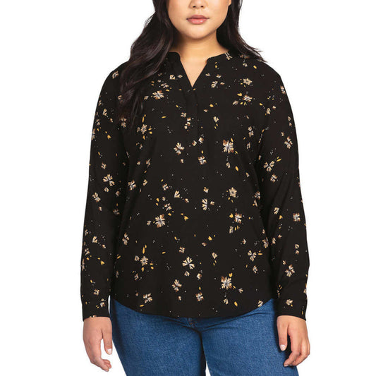 Hilary Radley Women's Floral Print Relaxed Fit Long Sleeve Top Blouse