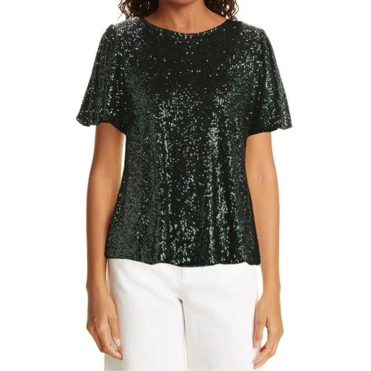 Hilary Radley Women's Flutter Sleave Keyhole Back Sequin Blouse Top