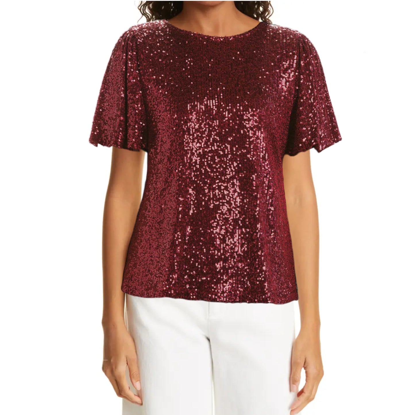 Hilary Radley Women's Flutter Sleave Keyhole Back Sequin Blouse Top