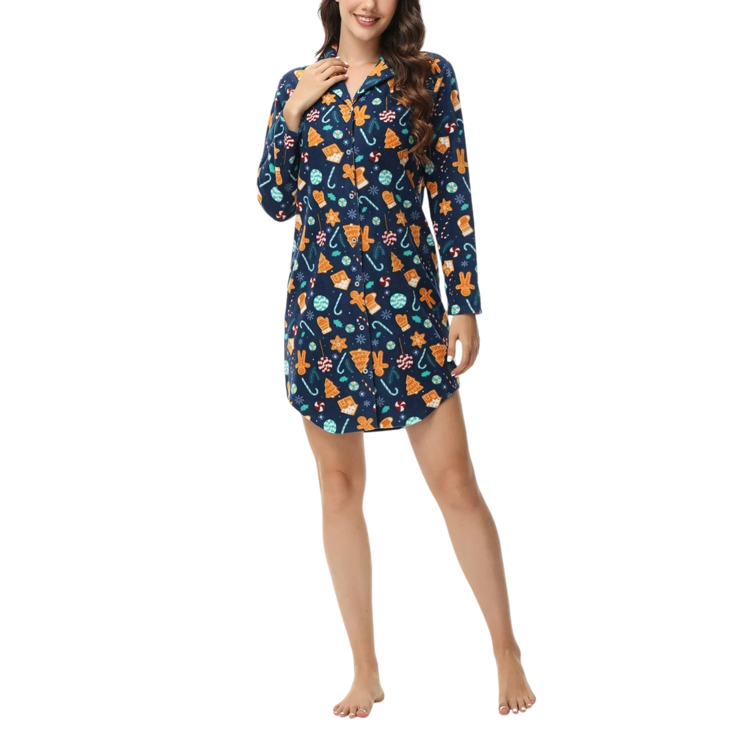 INK + IVY Women's Long Sleeve Printed Notch Collar Sleepshirt Nightgown