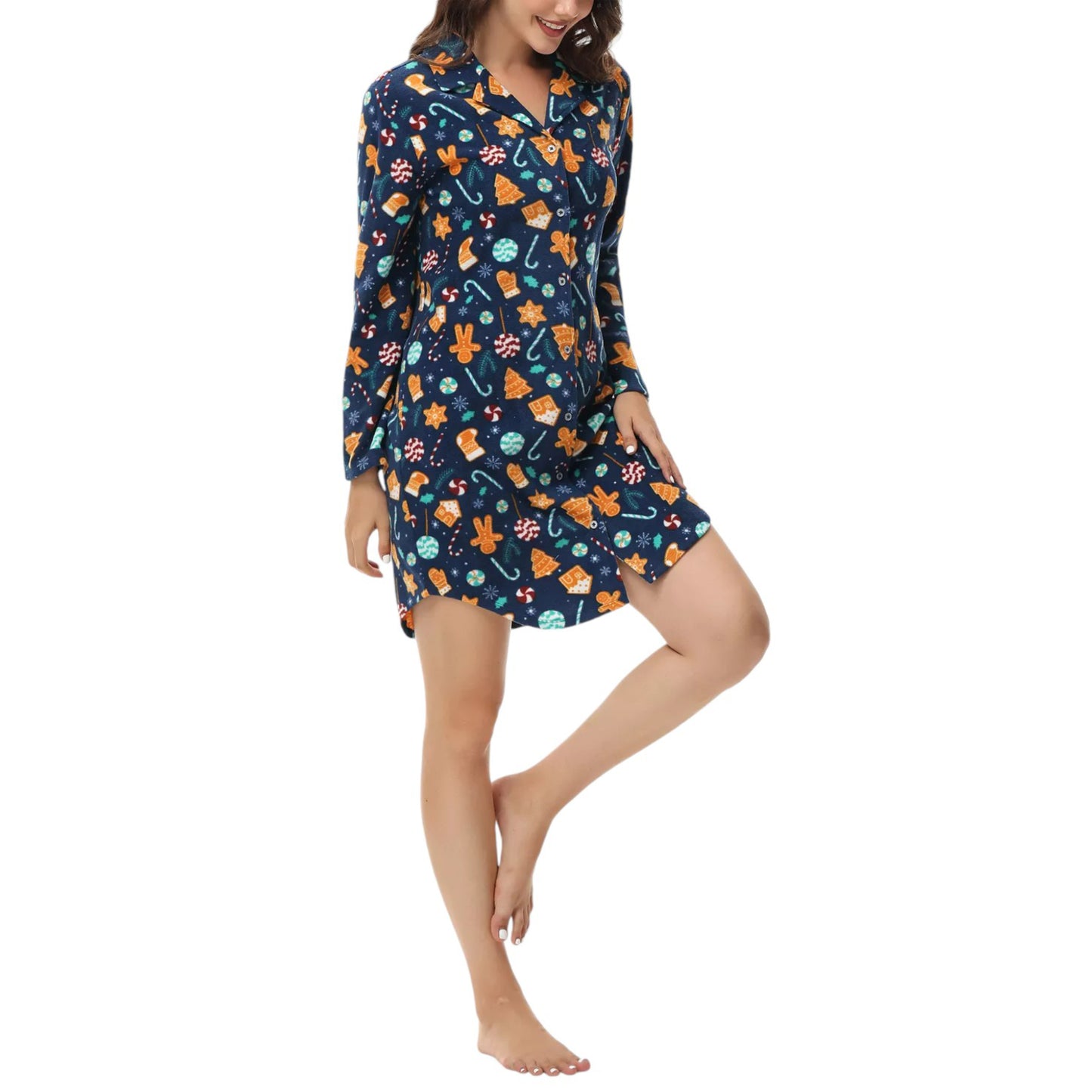 INK + IVY Women's Long Sleeve Printed Notch Collar Sleepshirt Nightgown