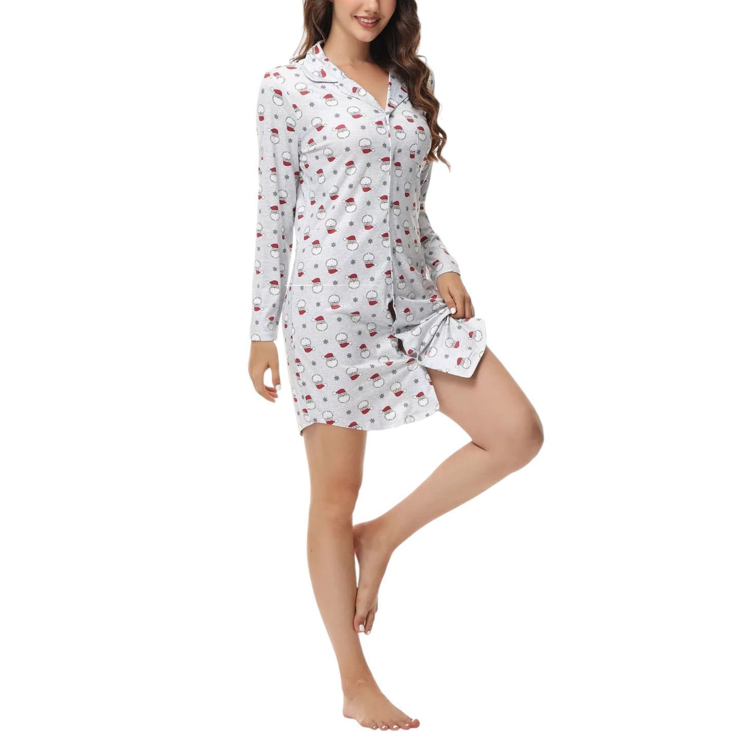 INK + IVY Women's Long Sleeve Christmas Print Notch Collar Sleepshirt Nightgown