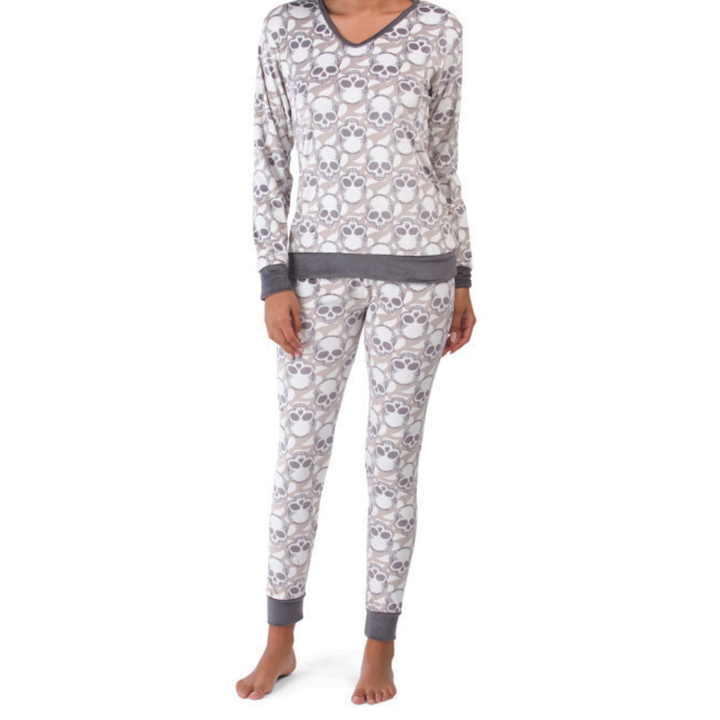 JOAN VASS Women's 2-Pc Super Soft PJ Velour Skull Print Lounge Pajama Set