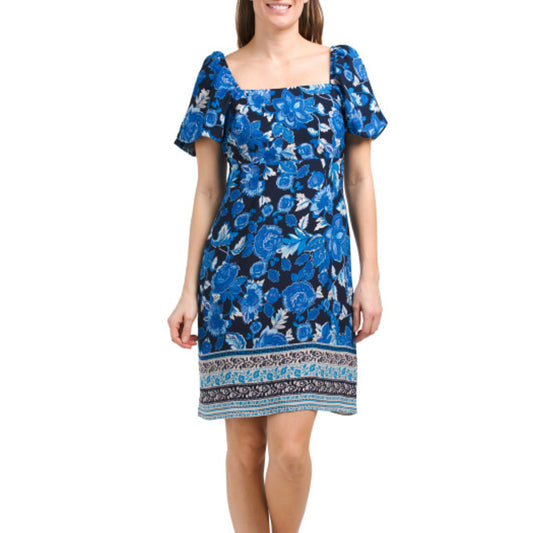 JULIA JORDAN Women's Puff Sleeve Square Neck Border Hem Floral Mini Dress