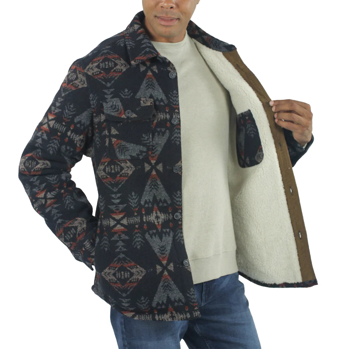 Jachs Men's Aztec Sherpa Lined Wool Blend Button Closure Shirt Jacket