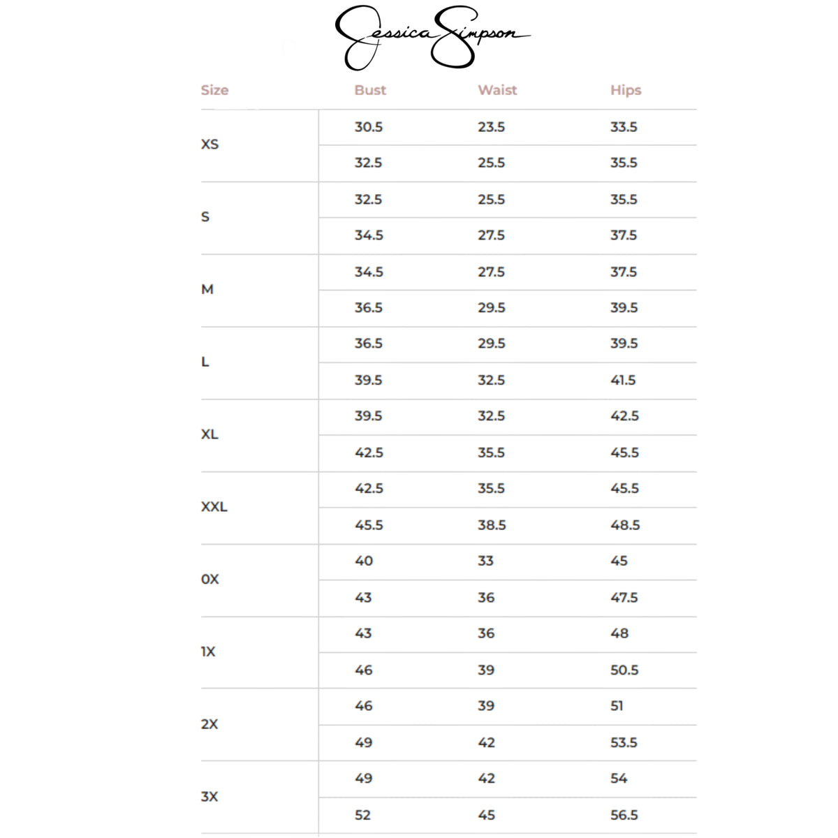 Jessica Simpson Sizing Chart Jessica Simpson