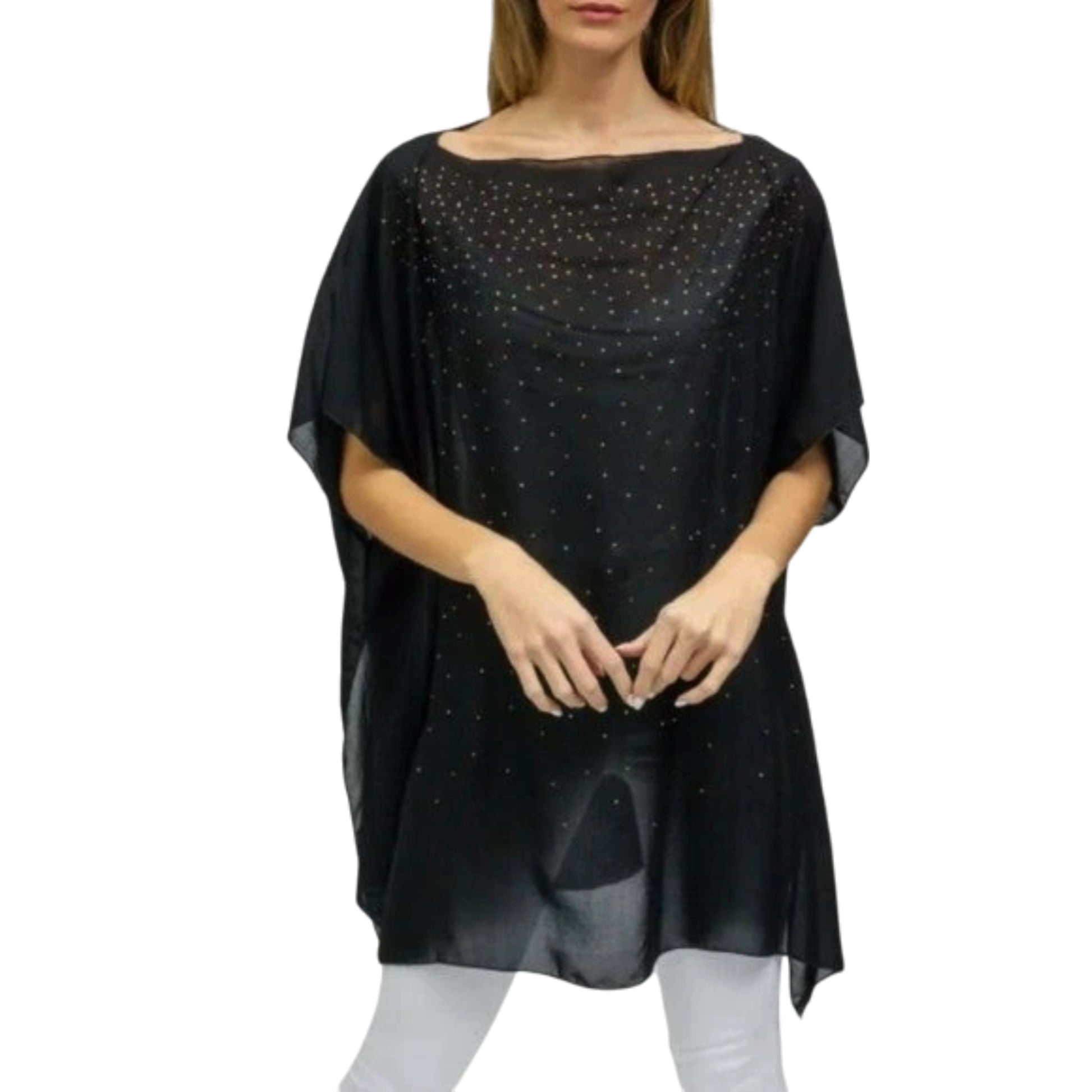 Elevate your evening look with this Jessica McClintock Galaxy Kimono, where celestial elegance meets modern sophistication. Shimmering silver tone rhinestones cascade across the front, creating a mesmerizing starlit effect that catches light beautifully. Designed for versatility, this sheer poncho features a flattering boat neckline and graceful side slits for effortless movement. The lightweight construction makes it perfect for layering over dresses or pairing with evening wear. One size fits most, offeri