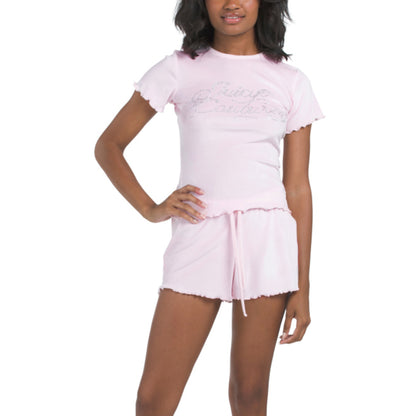 Juicy Couture Women's 2-Pc Rhinestone Fitted Lettuce Edge Tee And Shorts Pajama Set