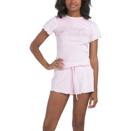 Women's 2-Pc Rhinestone Fitted Lettuce Edge Tee And Shorts Pajama Set