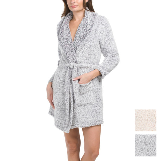 KITKIT Women's Cozy Plush Shawl Collar Tie Closure Teddy Bath Short Robe