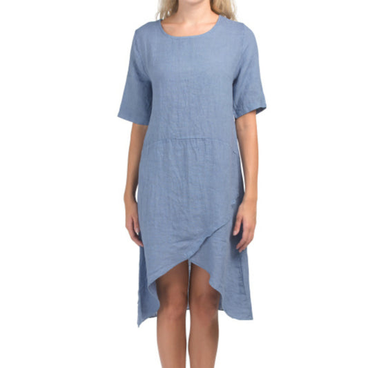 Effortless elegance meets Italian craftsmanship in this KLASSIKS cotton dress. The scoop neckline and elbow sleeves offer a relaxed, flattering silhouette, while the asymmetrical hem adds contemporary style. Seamed construction ensures durability and shape retention. Pull-on design makes it easy to wear, perfect for casual days or any occasion.