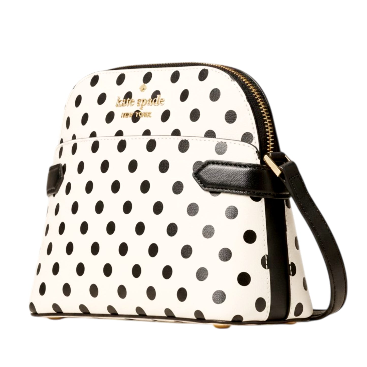 The Kate Spade Staci Dome Crossbody Bag combines timeless style with everyday practicality. Crafted from durable saffiano leather, this cream-colored bag features charming black polka dots and is accented with the iconic metal pinmount logo. The secure zip top closure keeps your essentials safe, while the spacious interior includes a zip pocket for organized storage. The adjustable crossbody strap offers comfortable, hands-free carrying for all-day wear. It's the perfect size for work, dates, or casual outi