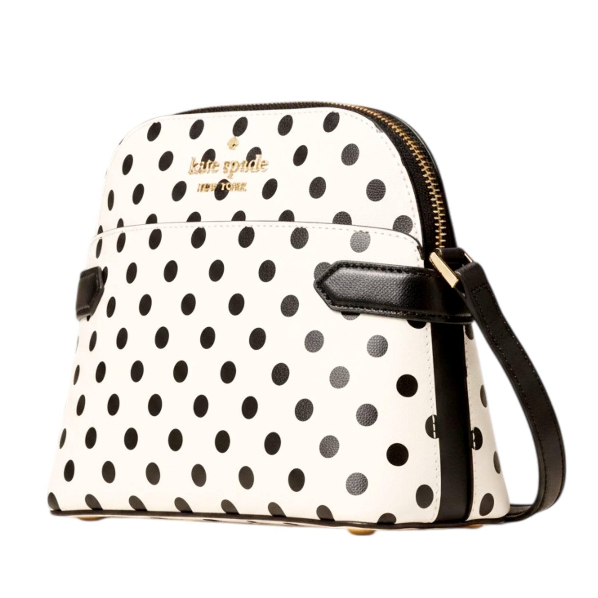 The Kate Spade Staci Dome Crossbody Bag combines timeless style with everyday practicality. Crafted from durable saffiano leather, this cream-colored bag features charming black polka dots and is accented with the iconic metal pinmount logo. The secure zip top closure keeps your essentials safe, while the spacious interior includes a zip pocket for organized storage. The adjustable crossbody strap offers comfortable, hands-free carrying for all-day wear. It's the perfect size for work, dates, or casual outi