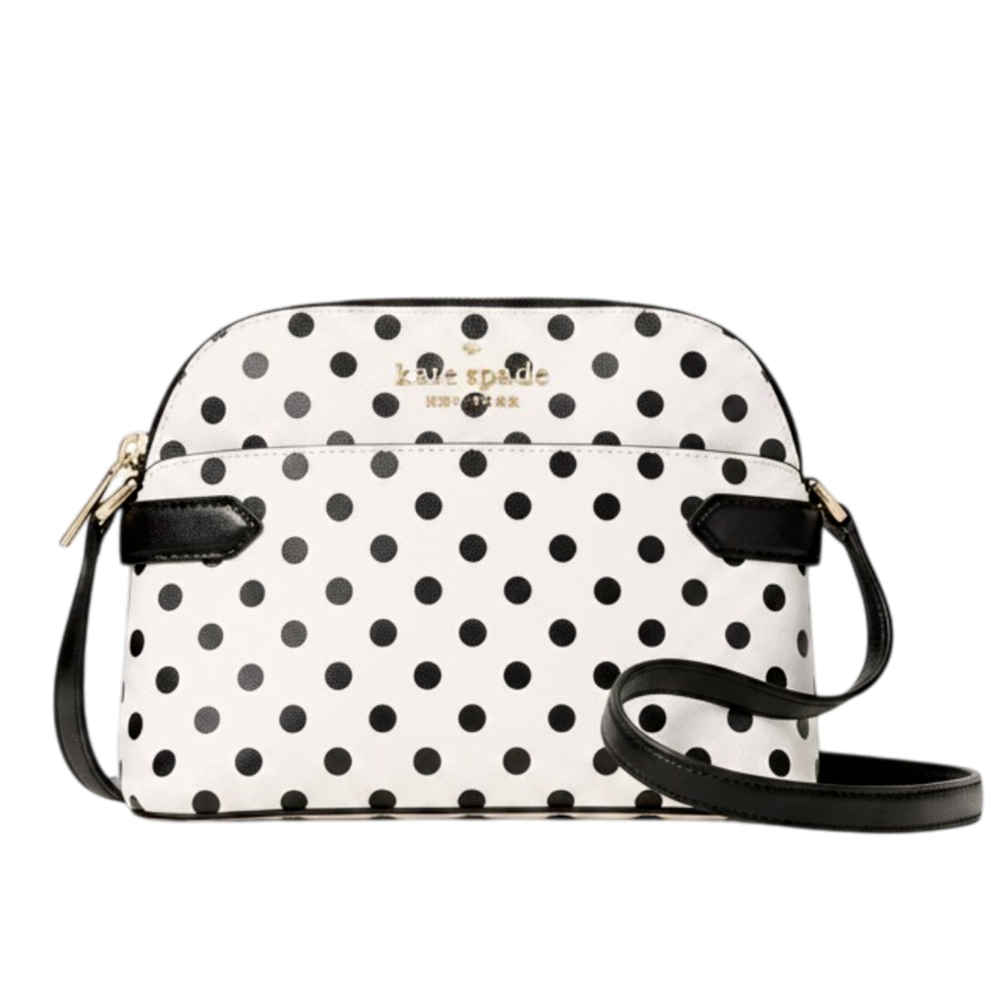 The Kate Spade Staci Dome Crossbody Bag combines timeless style with everyday practicality. Crafted from durable saffiano leather, this cream-colored bag features charming black polka dots and is accented with the iconic metal pinmount logo. The secure zip top closure keeps your essentials safe, while the spacious interior includes a zip pocket for organized storage. The adjustable crossbody strap offers comfortable, hands-free carrying for all-day wear. It's the perfect size for work, dates, or casual outi
