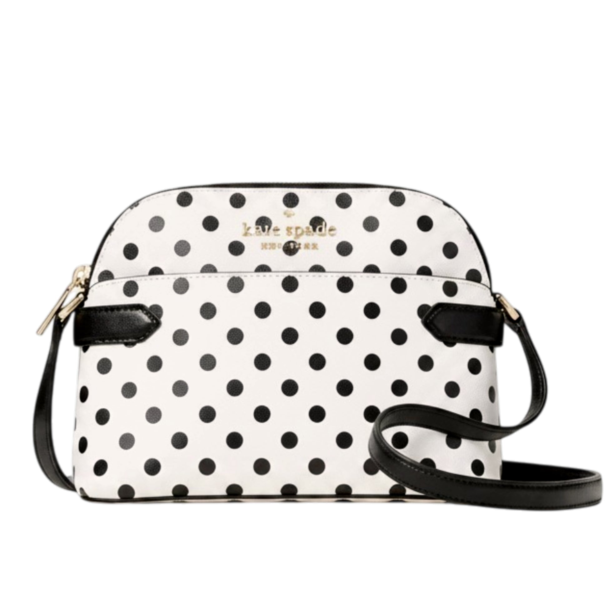 The Kate Spade Staci Dome Crossbody Bag combines timeless style with everyday practicality. Crafted from durable saffiano leather, this cream-colored bag features charming black polka dots and is accented with the iconic metal pinmount logo. The secure zip top closure keeps your essentials safe, while the spacious interior includes a zip pocket for organized storage. The adjustable crossbody strap offers comfortable, hands-free carrying for all-day wear. It's the perfect size for work, dates, or casual outi