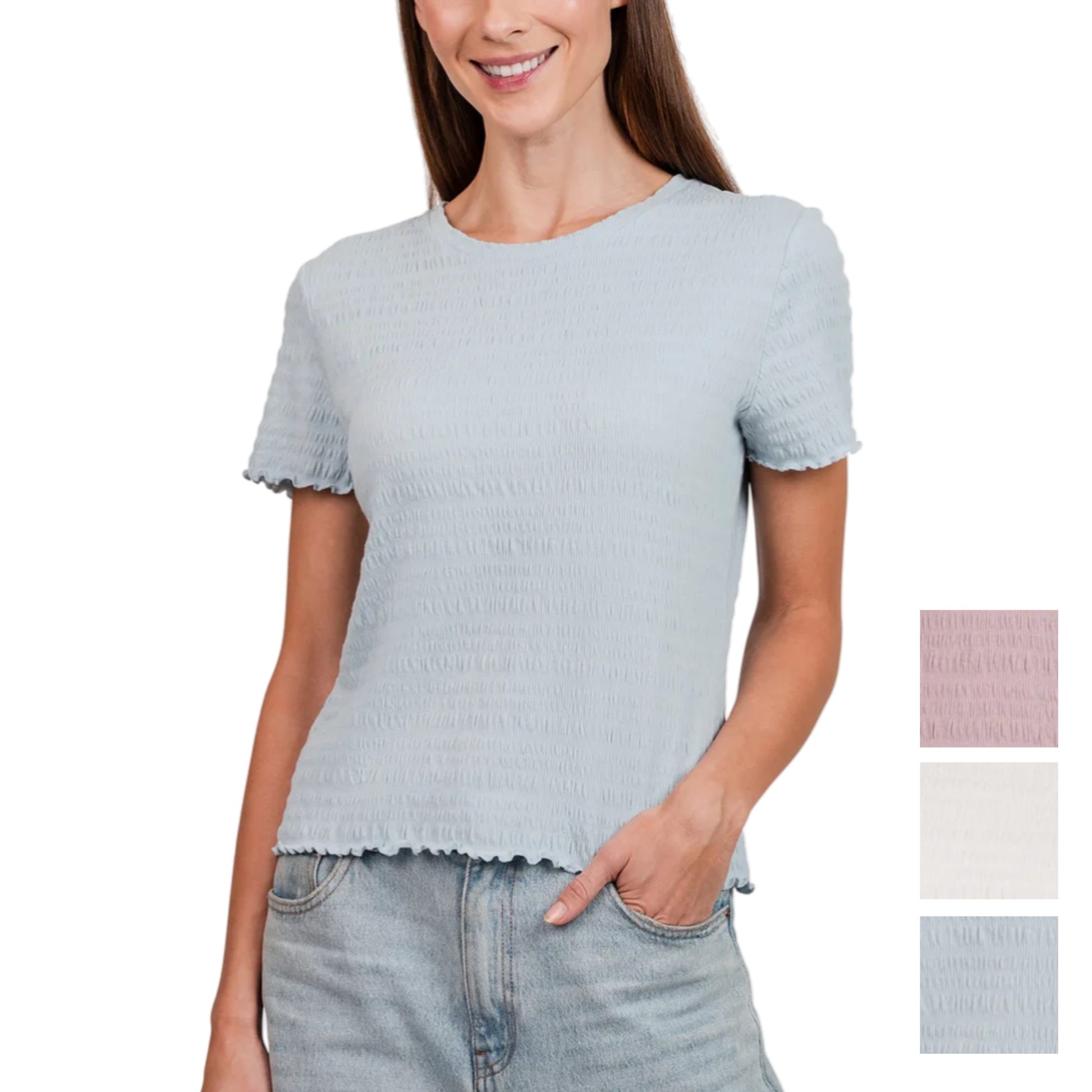 Feel beautifully feminine in this fitted women's ruffle blouse, crafted from lightweight crease textured cotton-poly blend with spandex stretch. Ruffled neckline, frilled cuffs, and hem in soft Cream, Light Blue, or Pale Mauve hues make it ideal for sunny spring seasons, mild summer days, or transitional weather suited to occasions from weekend gatherings and date nights to garden parties and light-hearted events in vintage-chic elegance.