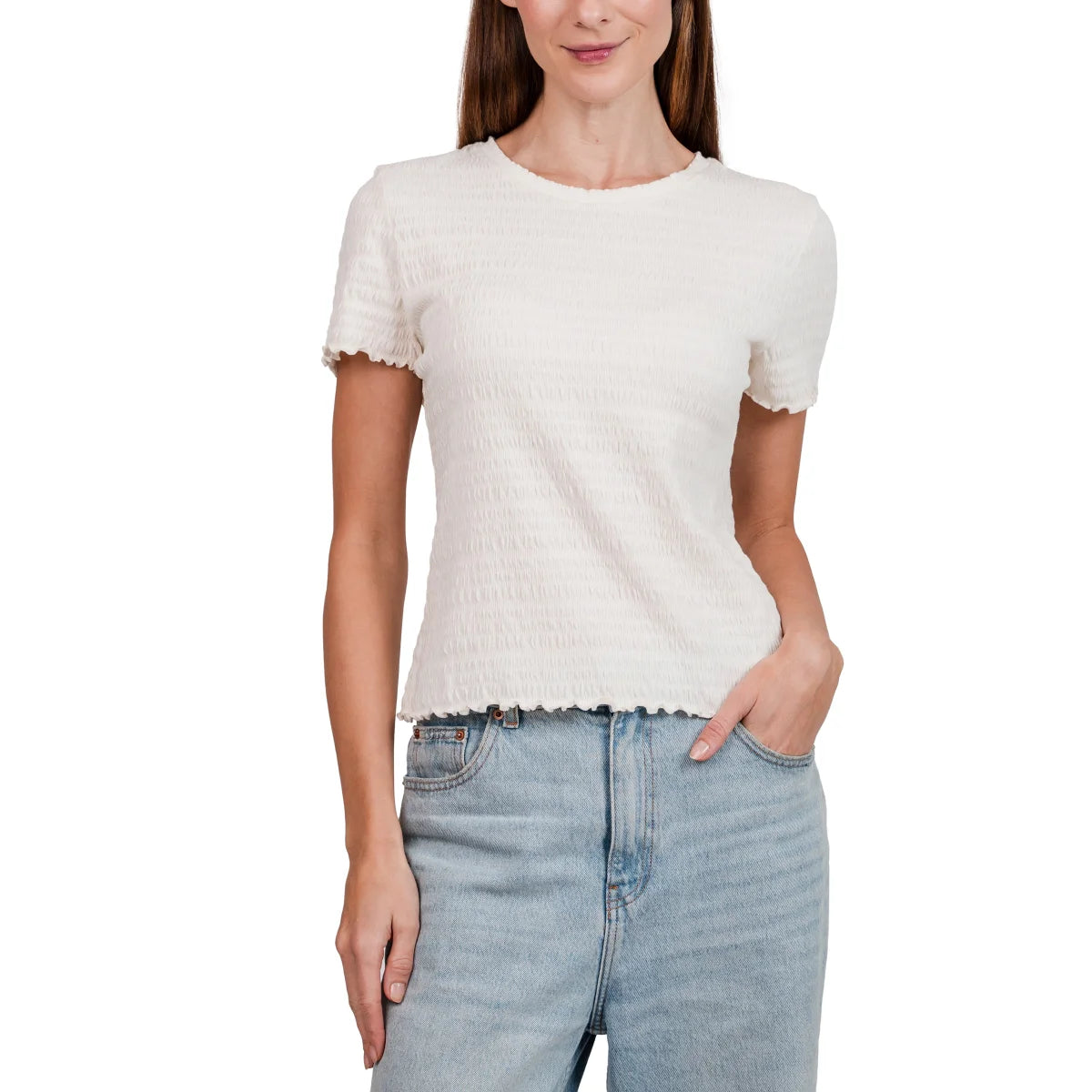 Feel beautifully feminine in this fitted women's ruffle blouse, crafted from lightweight crease textured cotton-poly blend with spandex stretch. Ruffled neckline, frilled cuffs, and hem in soft Cream, Light Blue, or Pale Mauve hues make it ideal for sunny spring seasons, mild summer days, or transitional weather suited to occasions from weekend gatherings and date nights to garden parties and light-hearted events in vintage-chic elegance.
