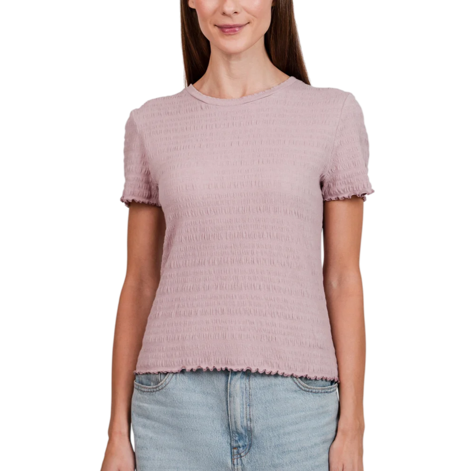 Feel beautifully feminine in this fitted women's ruffle blouse, crafted from lightweight crease textured cotton-poly blend with spandex stretch. Ruffled neckline, frilled cuffs, and hem in soft Cream, Light Blue, or Pale Mauve hues make it ideal for sunny spring seasons, mild summer days, or transitional weather suited to occasions from weekend gatherings and date nights to garden parties and light-hearted events in vintage-chic elegance.
