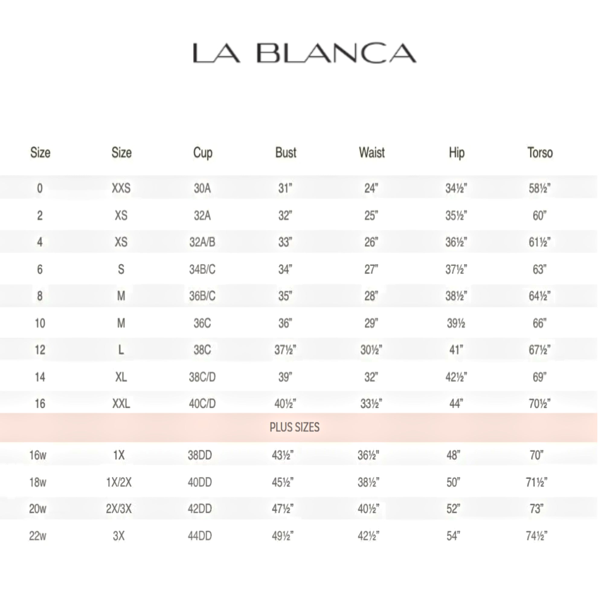 La blanca store swim size chart