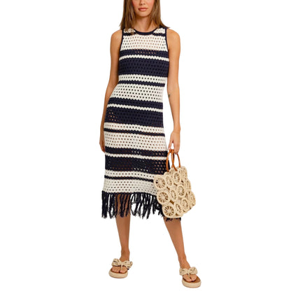 LE LIS Women's Crochet Fringe Trim Cotton Blend Striped Midi Dress Navy / M