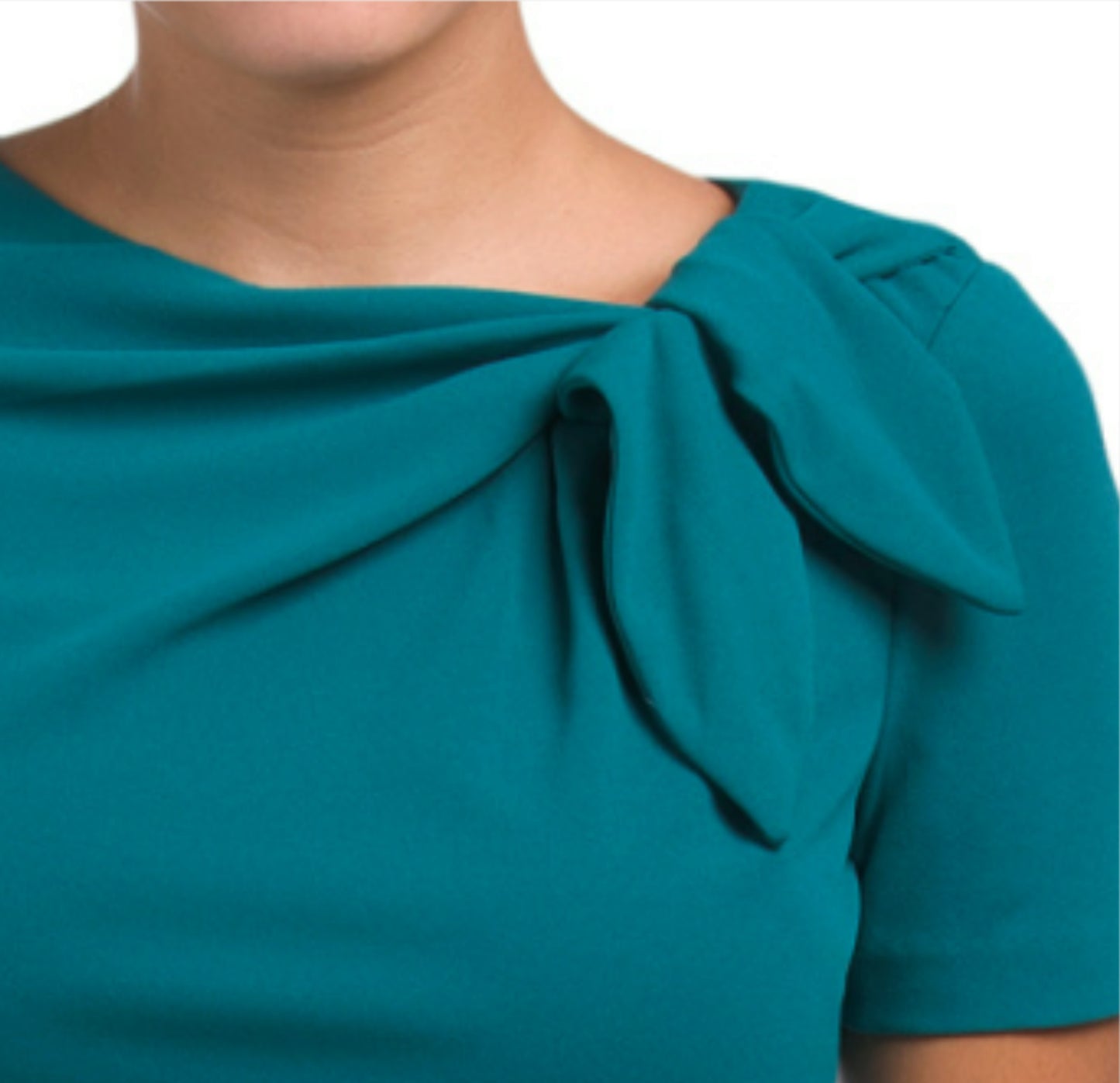 London Times Women's Short Sleeve Gathered Neck Tie Sheath Mini Dress