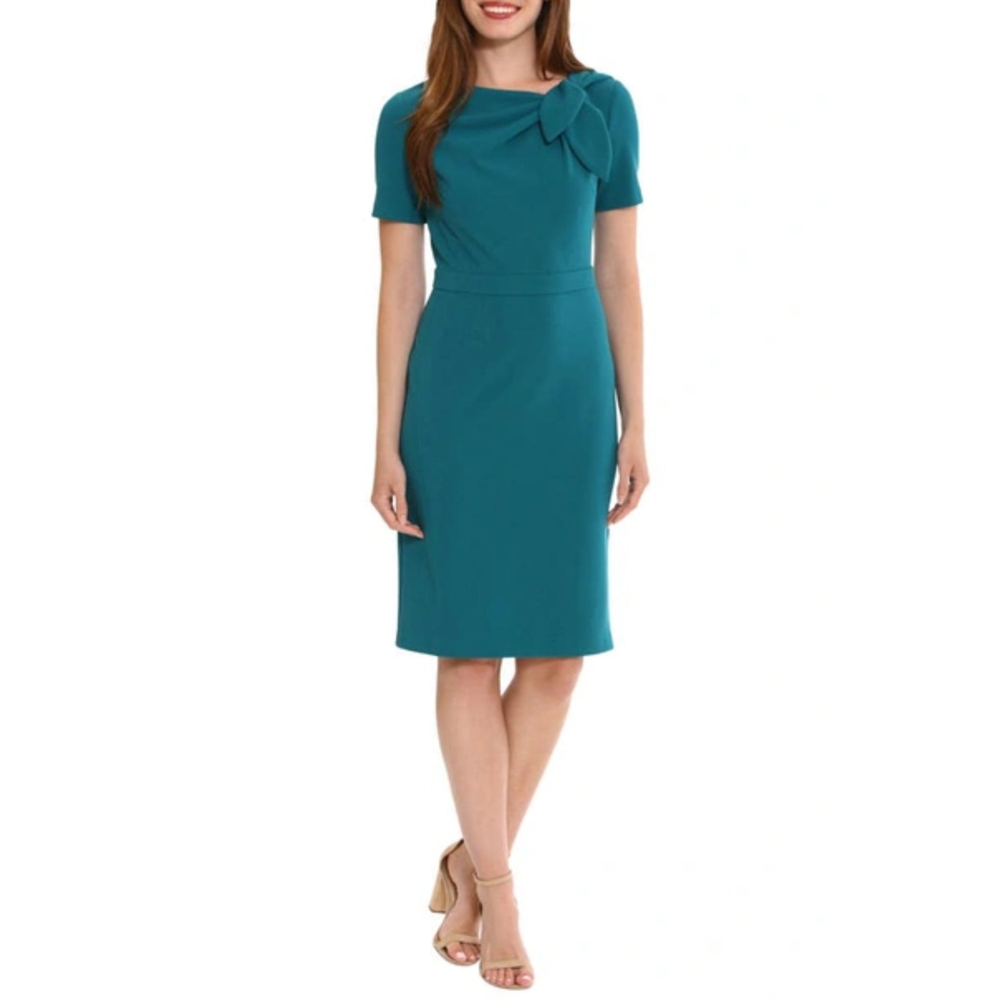 London Times Women's Short Sleeve Gathered Neck Tie Sheath Mini Dress