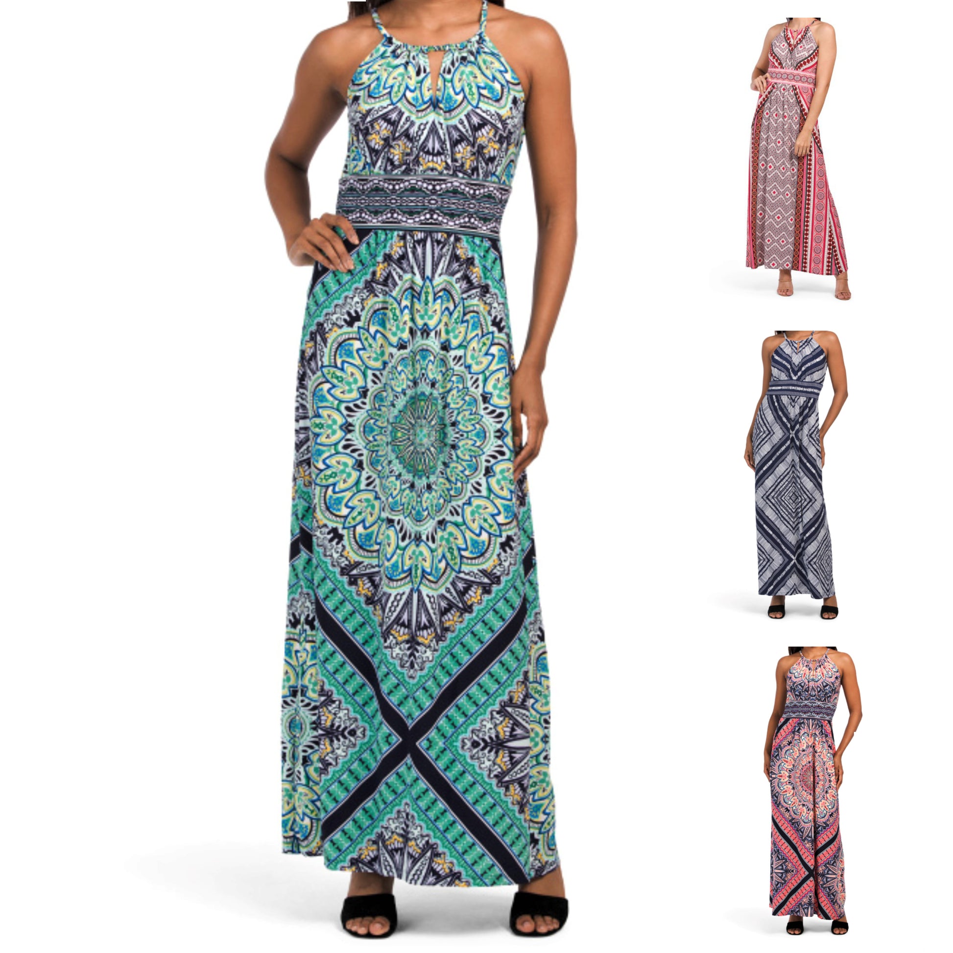 London Times Women's Morris Diamond Basket Printed Keyhole Halter Maxi Dress Blue / 14 London Times Women's Morris Diamond Basket Printed Keyhole Halter Maxi Dress Blue / 14