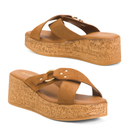 LOTTINI Made In Italy Suede Cross Band with Buckle Cork Wedge Slide on Sandals