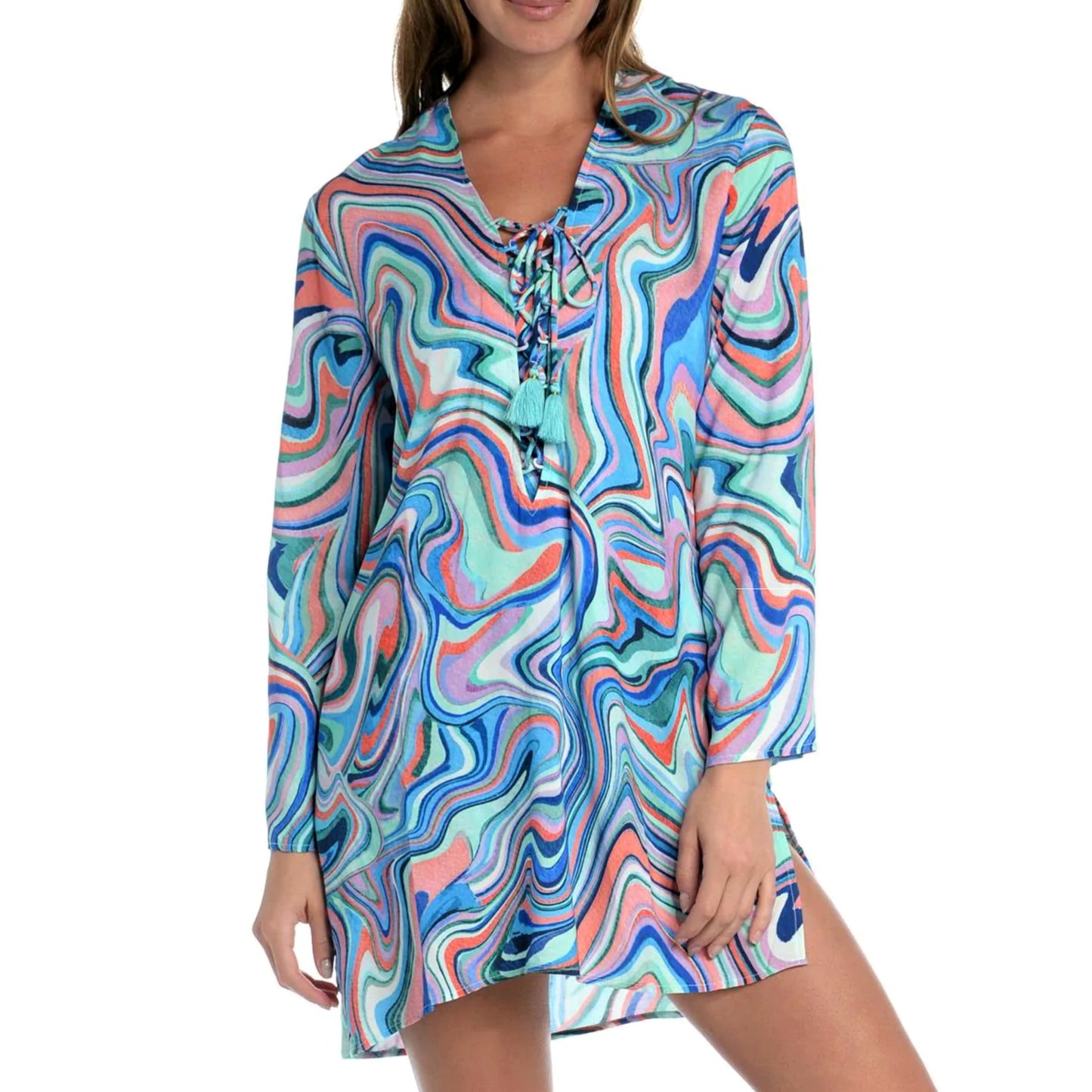 La Blanca Women's Swirl Print Long Sleeves Lace Up Beach Pool Tunic