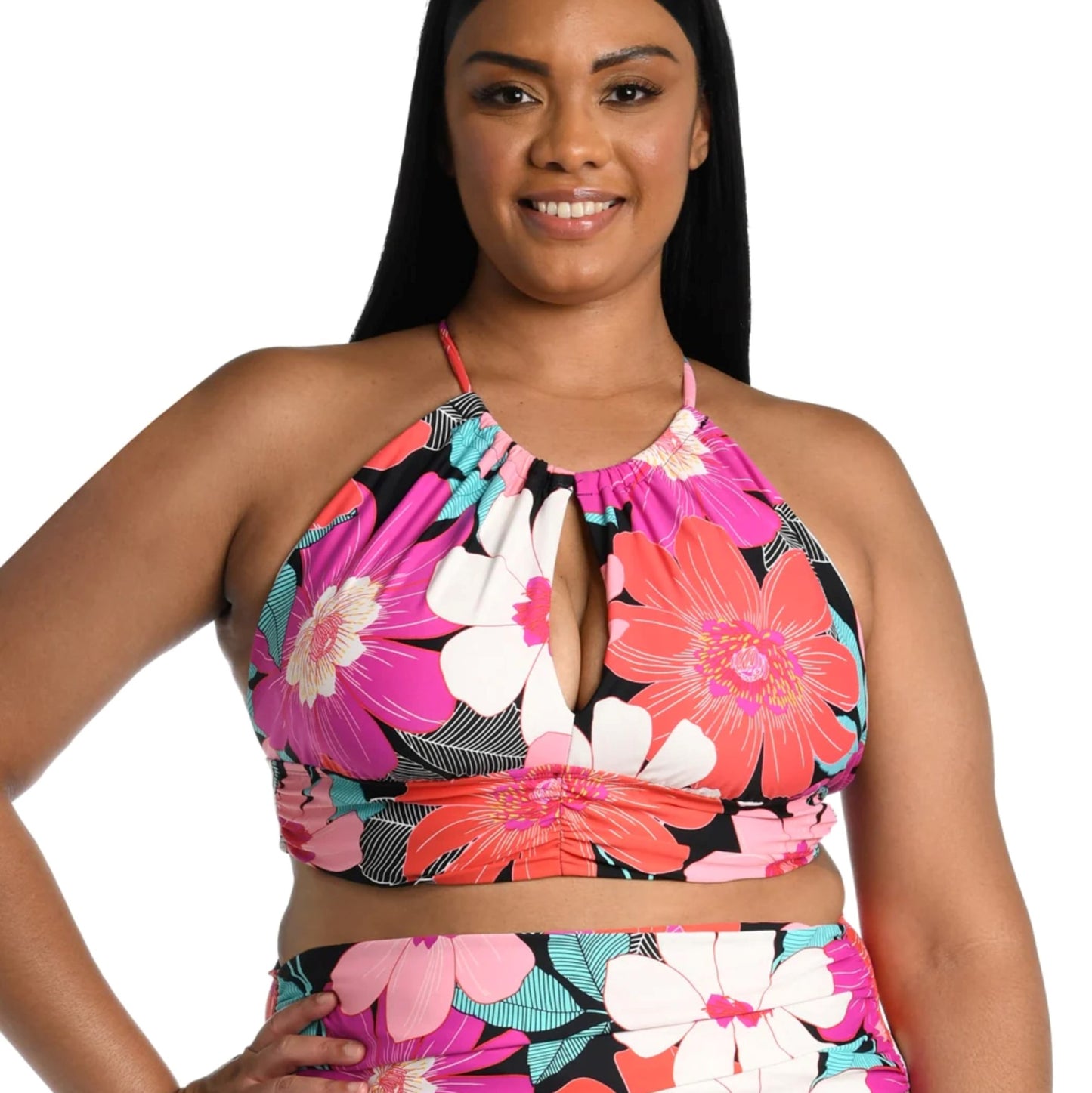 La Blanca Women's Plus Size In Full Bloom Floral High Neck Swim Tankini Top and Bottom Collection
