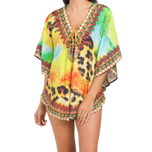 LA MODA Women's Rhinestone Embellished Luxe Resort Swim Caftan Cover-up