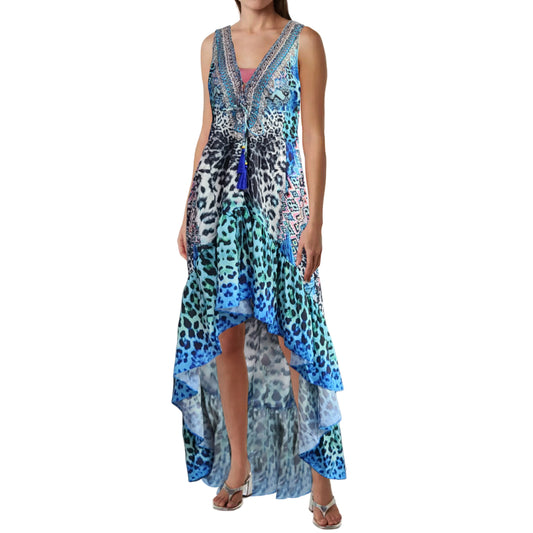 La Moda Women's Rhinestone Embellished Hi-low Ruffle Hem Maxi Swim Dress Cover-up