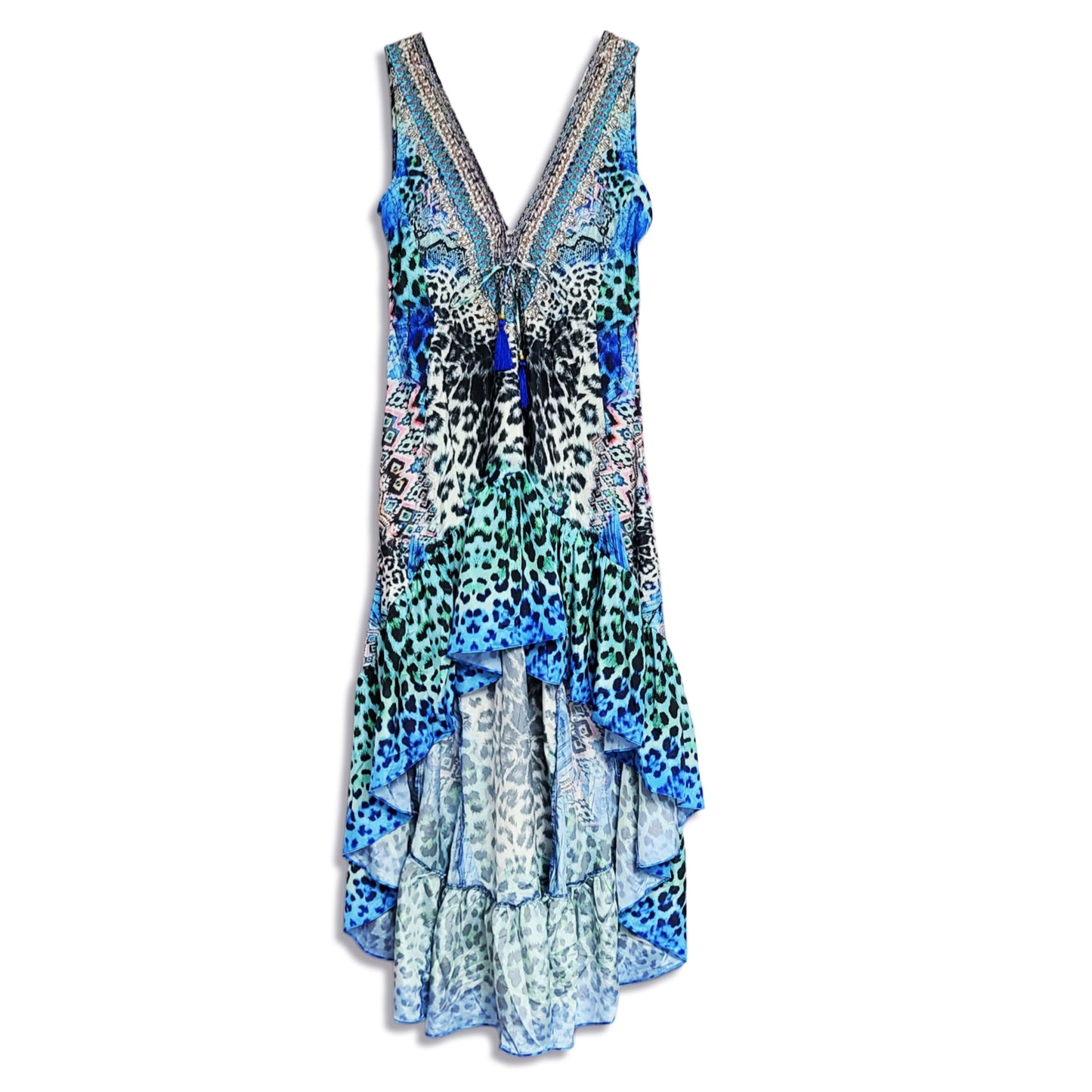 La Moda Women's Rhinestone Embellished Hi-low Ruffle Hem Maxi Swim Dress Cover-up