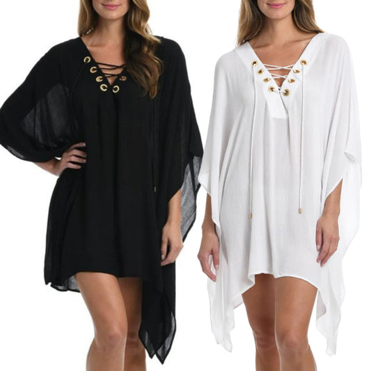 La Blanca Women's Capri Lace Front Beach Caftan Dress Swimwear Cover Up