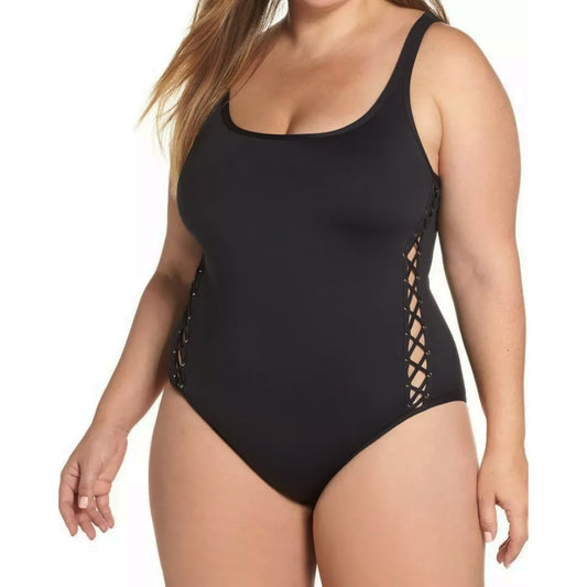 La Blanca Women's Plus Tummy Control Lace Up Sides One-piece Swimsuit Black