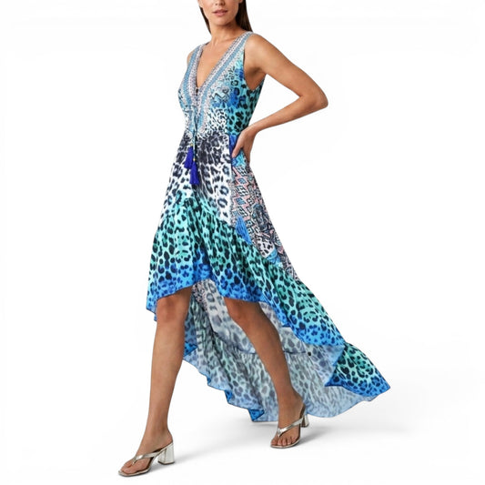La Moda Women's Rhinestone Embellished Hi-low Ruffle Hem Maxi Swim Dress Cover-up