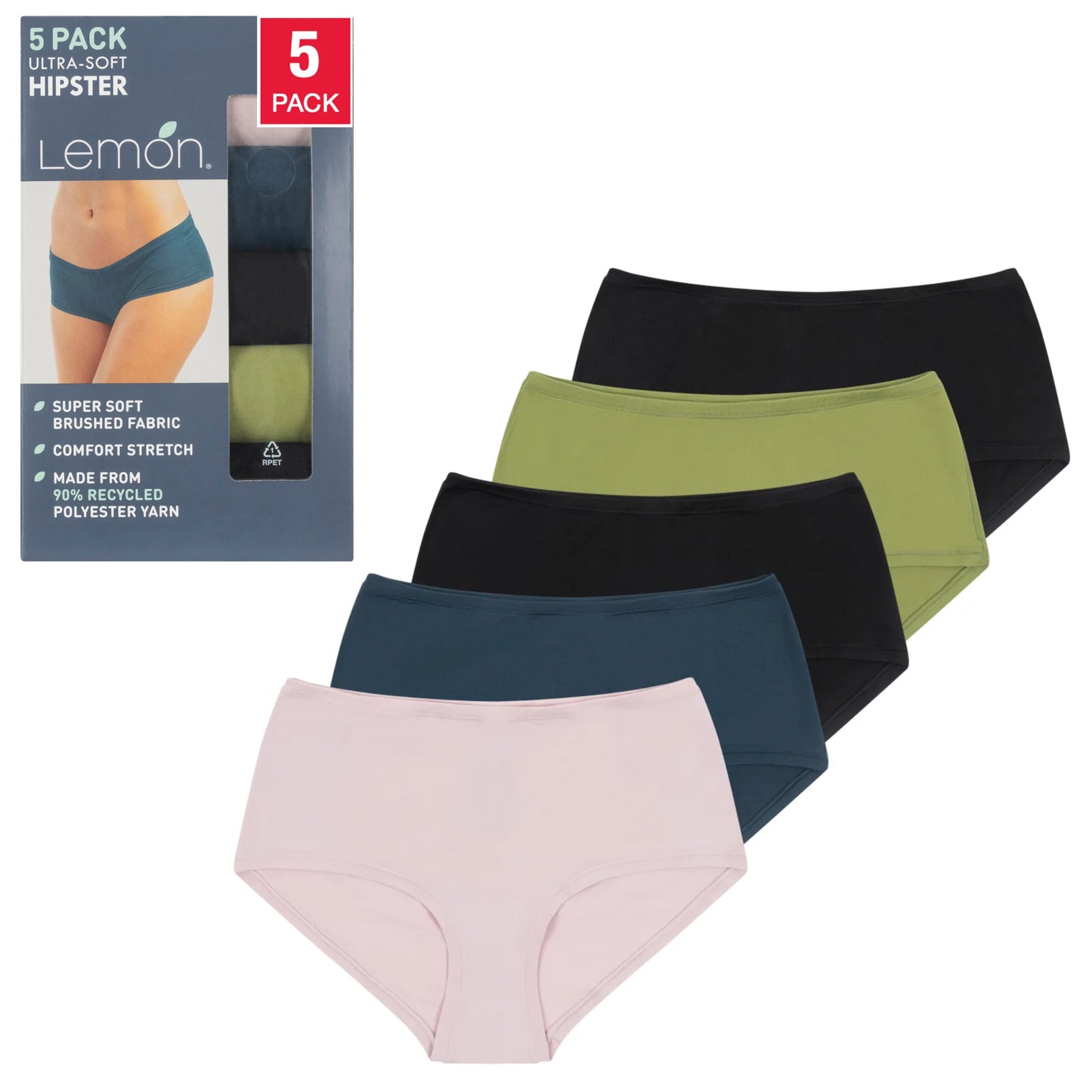 Lemon Women's 5-Pack Ultra Soft Comfort Stretch Hipster Panties