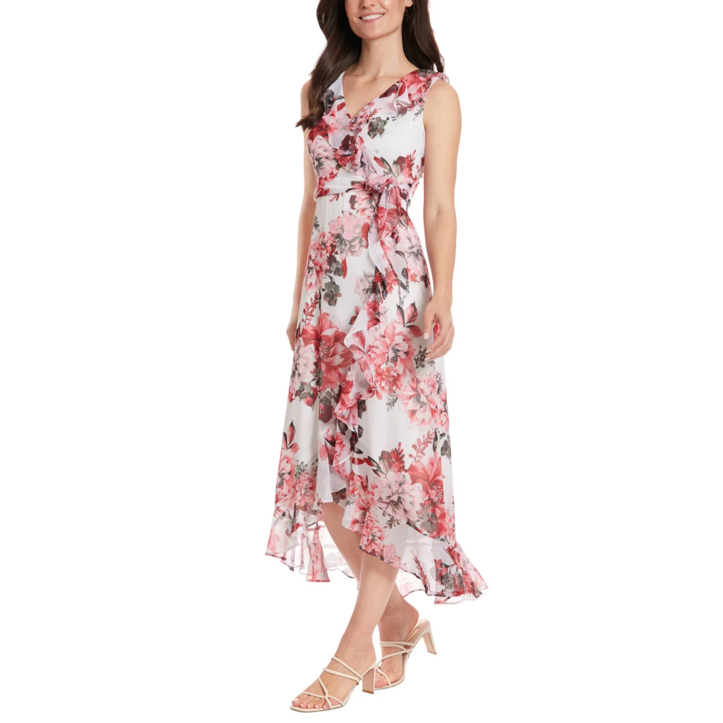 London Times Women's Floral Pint Side Tie Ruffle Wrap Maxi Dress