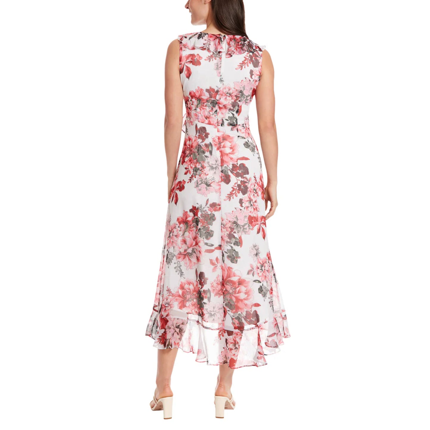 London Times Women's Floral Pint Side Tie Ruffle Wrap Maxi Dress