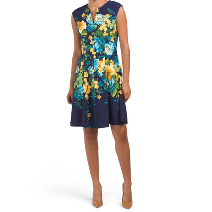 London Times Women's Floral Print Split Neck Fit & Flare Mini Dress Navy / 14