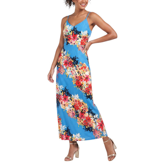 London Times Women's Bloom Stripe Floral Print Cami Maxi Dress