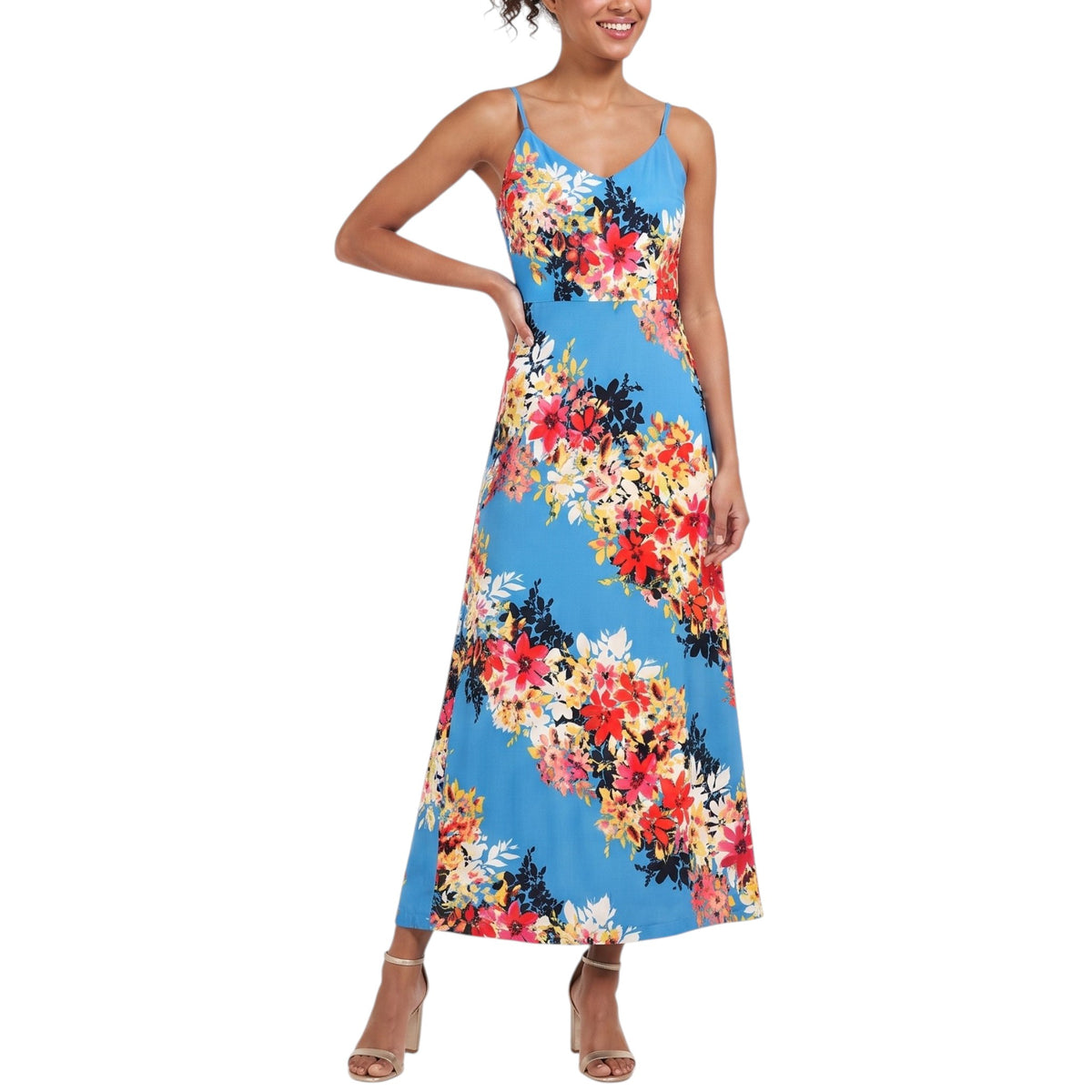 London Times Women's Bloom Stripe Floral Print Cami Maxi Dress
