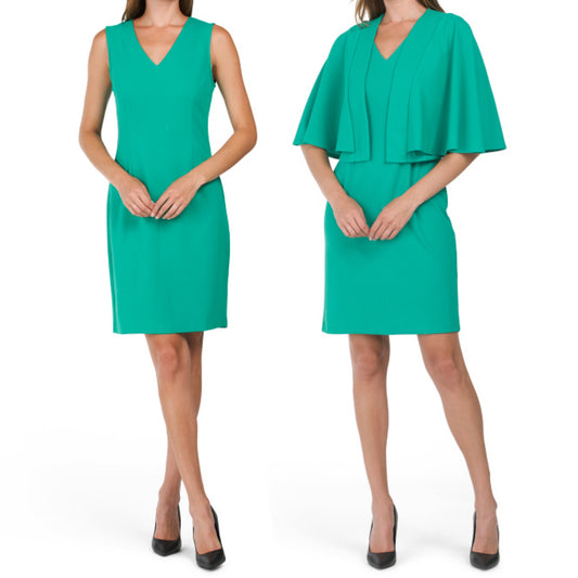  London Times Capelet Jacket Mini Dress Dress Set is the perfect combination of fashion and function. The dress is made of a comfortable polyester-spandex blend and features a V-neckline, mini length, and a flattering fit. Matching capelet included. Whether you're dressing up for a special event or night out, this dress is the perfect choice for any occasion. 