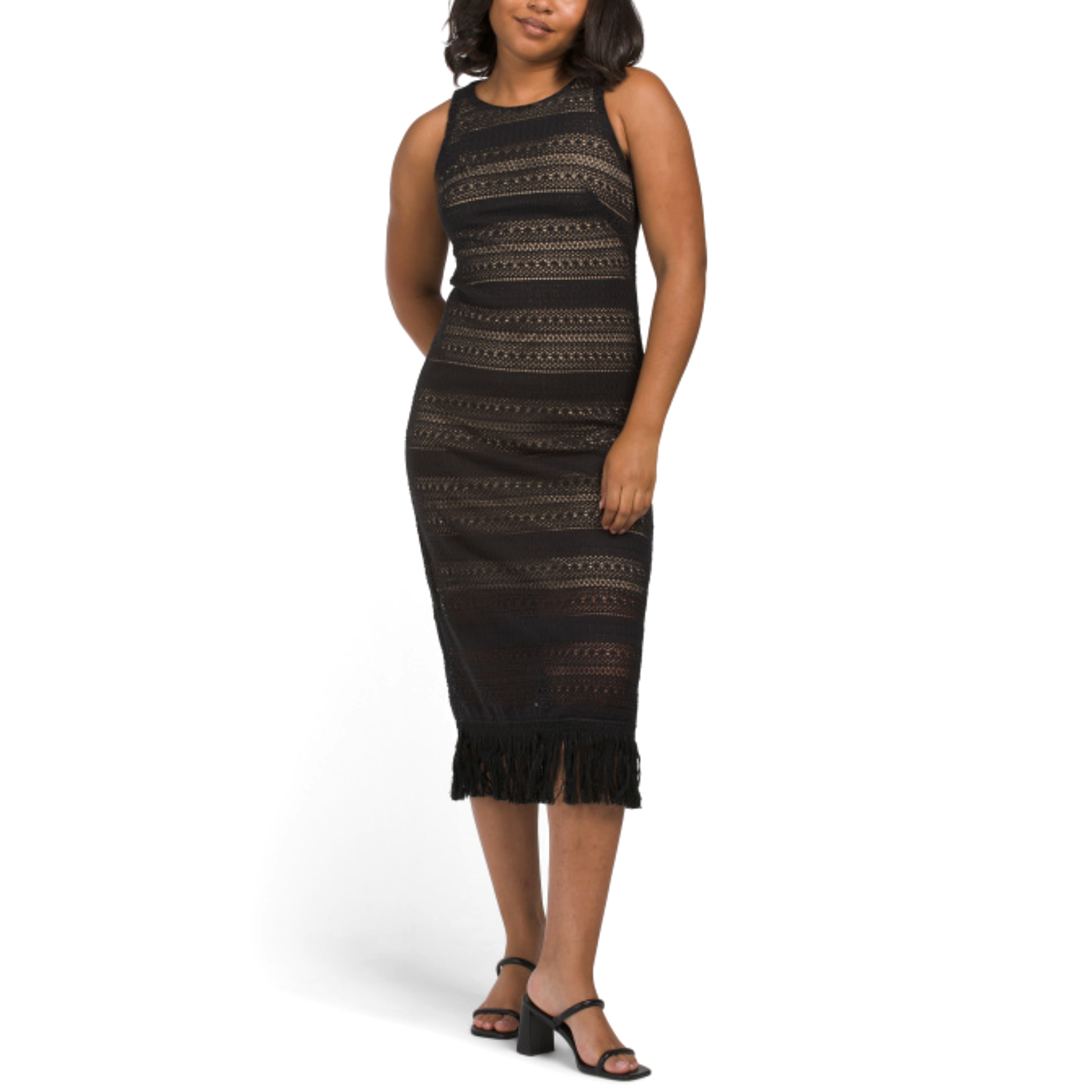 london times crochet dress London Times Women's Cotton Crochet Fringe Hem Jewel Neck Sleeveless Midi Dress Black / 12