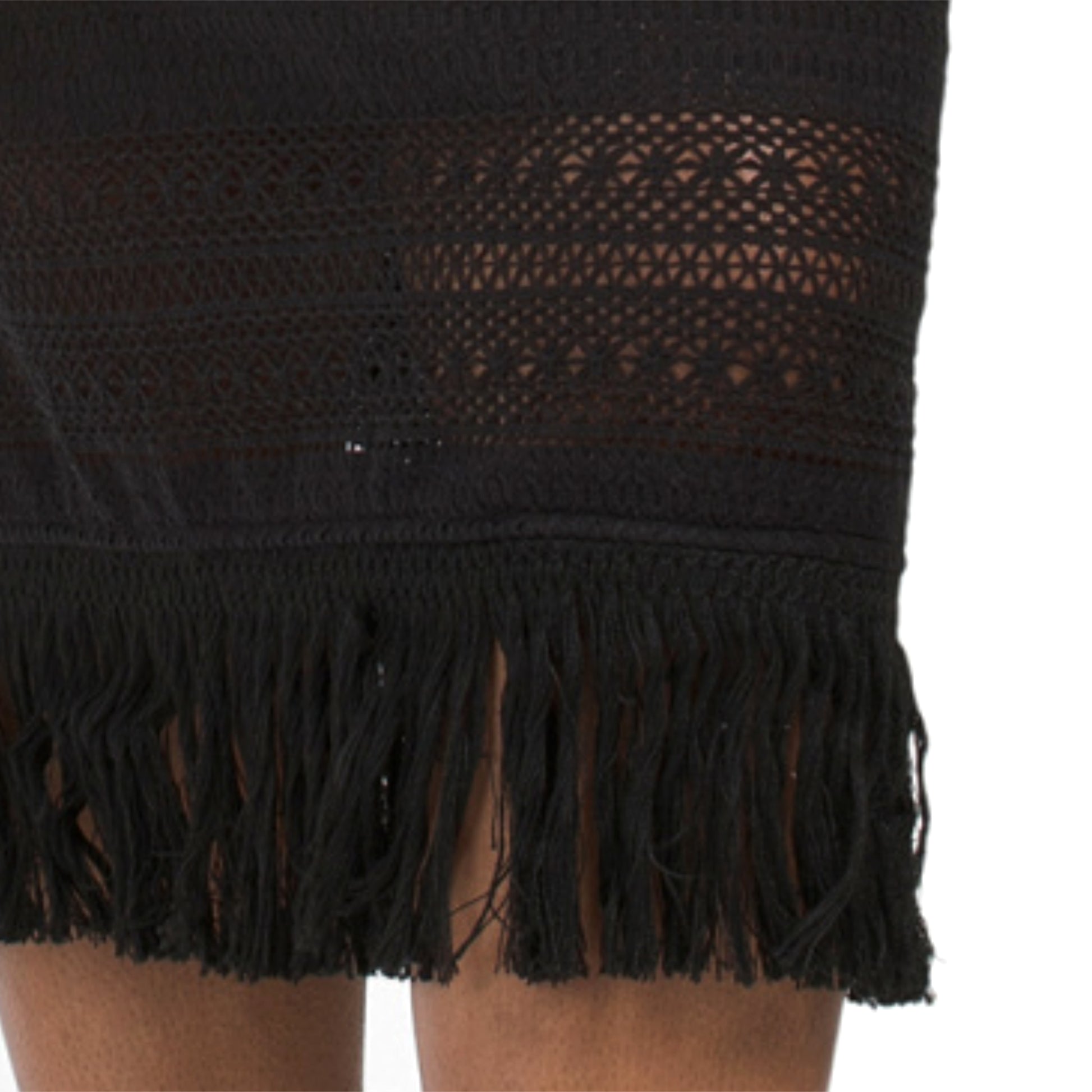 london times crochet dress London Times Women's Cotton Crochet Fringe Hem Jewel Neck Sleeveless Midi Dress Black / 12