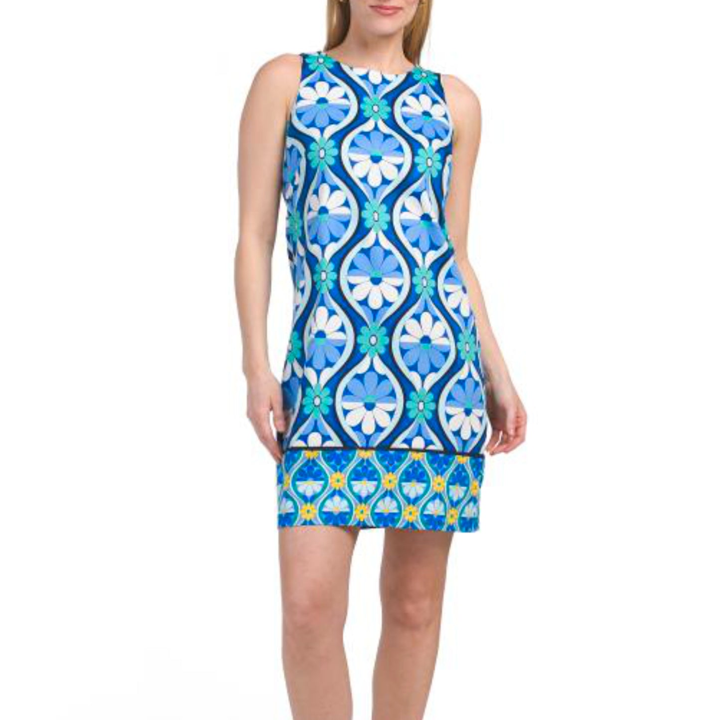 Effortless elegance meets everyday comfort in this London Times mini shift dress. Featuring a vibrant floral print on a soft cotton-spandex blend, this sleeveless design offers gentle stretch for all-day wear. The classic round neckline and contrast hem create a polished look, while the back zip closure ensures a secure fit. At approximately 36 inches long, it's the perfect length for a modern, playful silhouette.&nbsp;