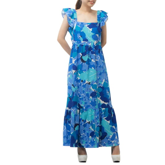 London Times Women's Linen Blend Floral Print Ruffle Sleeve Maxi Dress